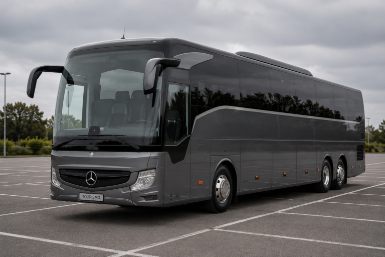 Grey coach bus for 50 passengers parked in open parking area, group transport service Milan