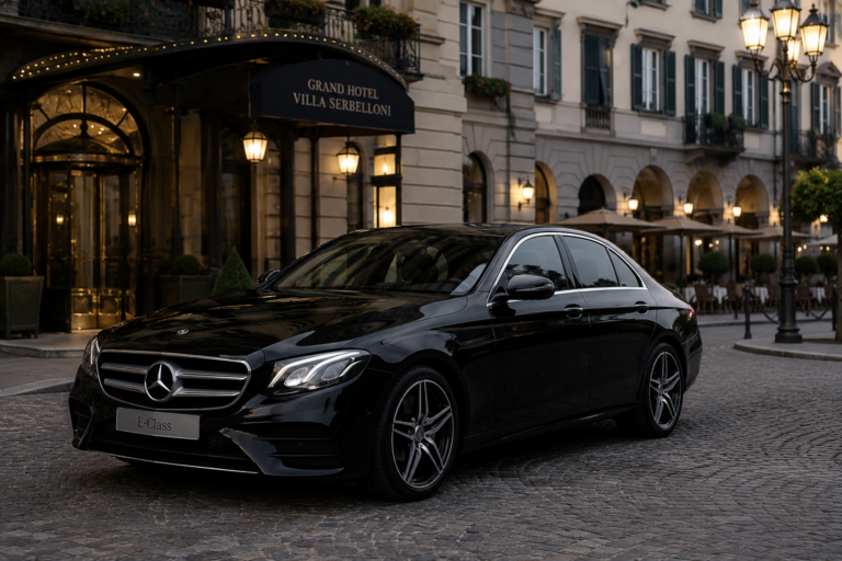 Luxury Mercedes sedan, private airport transfer service in Milan