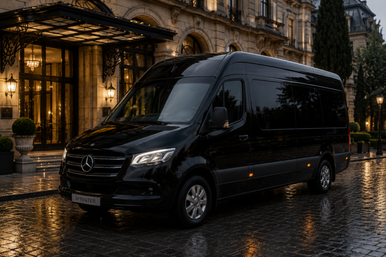 Black Mercedes Sprinter luxury van parked outside hotel, premium group transport service Milan