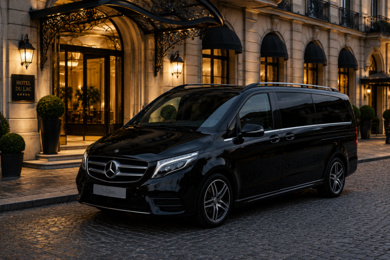 Black Mercedes V-Class van parked in front of a luxury hotel, premium group transfer service Milan