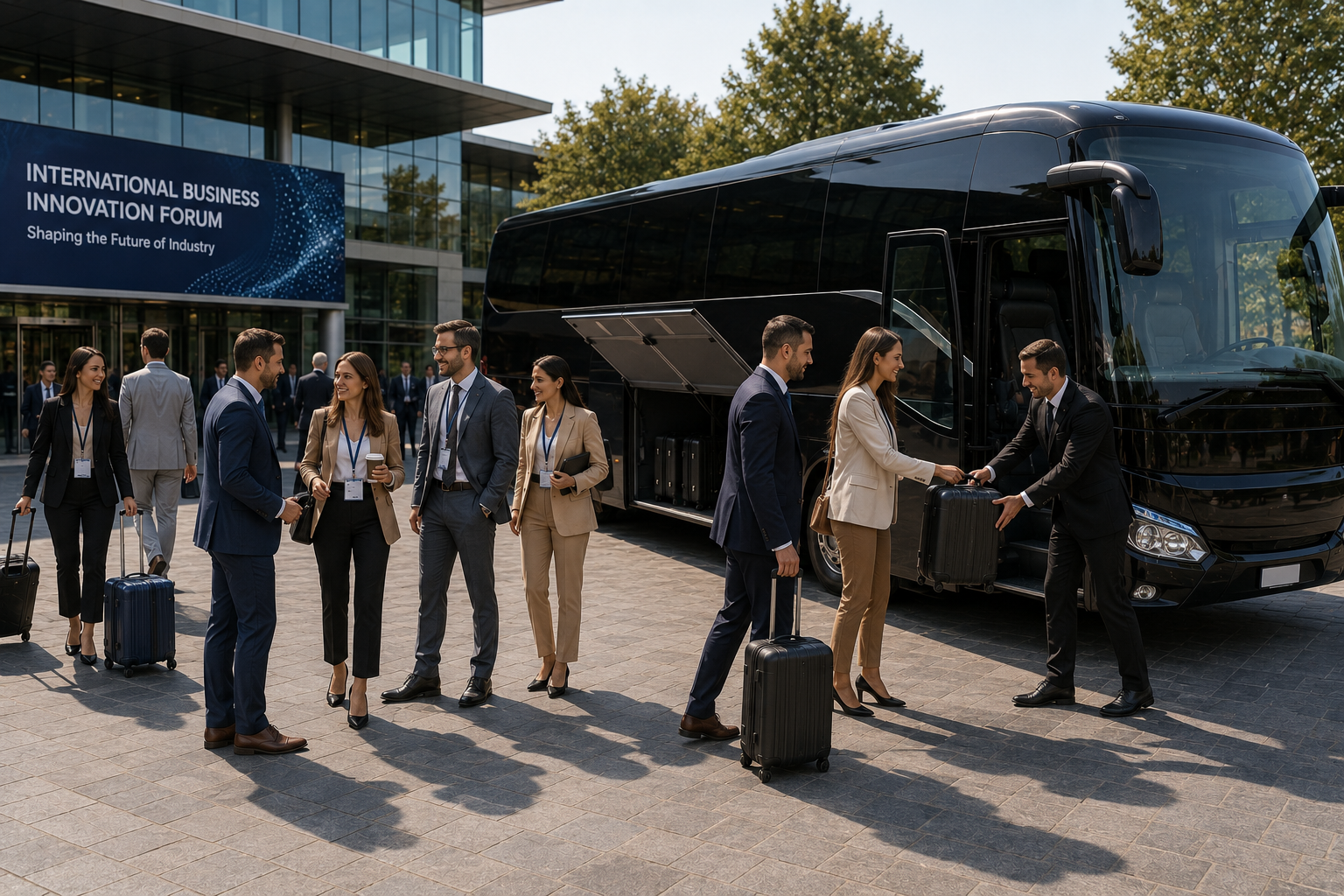 Corporate group transport service with luxury coach and professional chauffeur assisting passengers at international conference venue