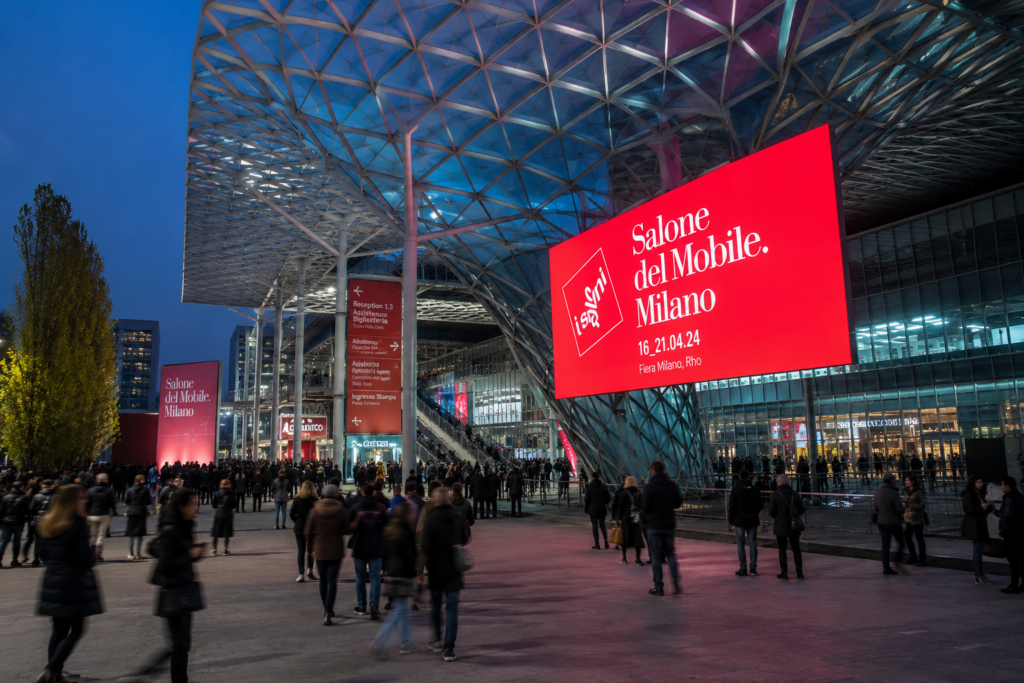 Visitors arriving at a modern exhibition venue during a large-scale cultural and design event in Milan, Italy.