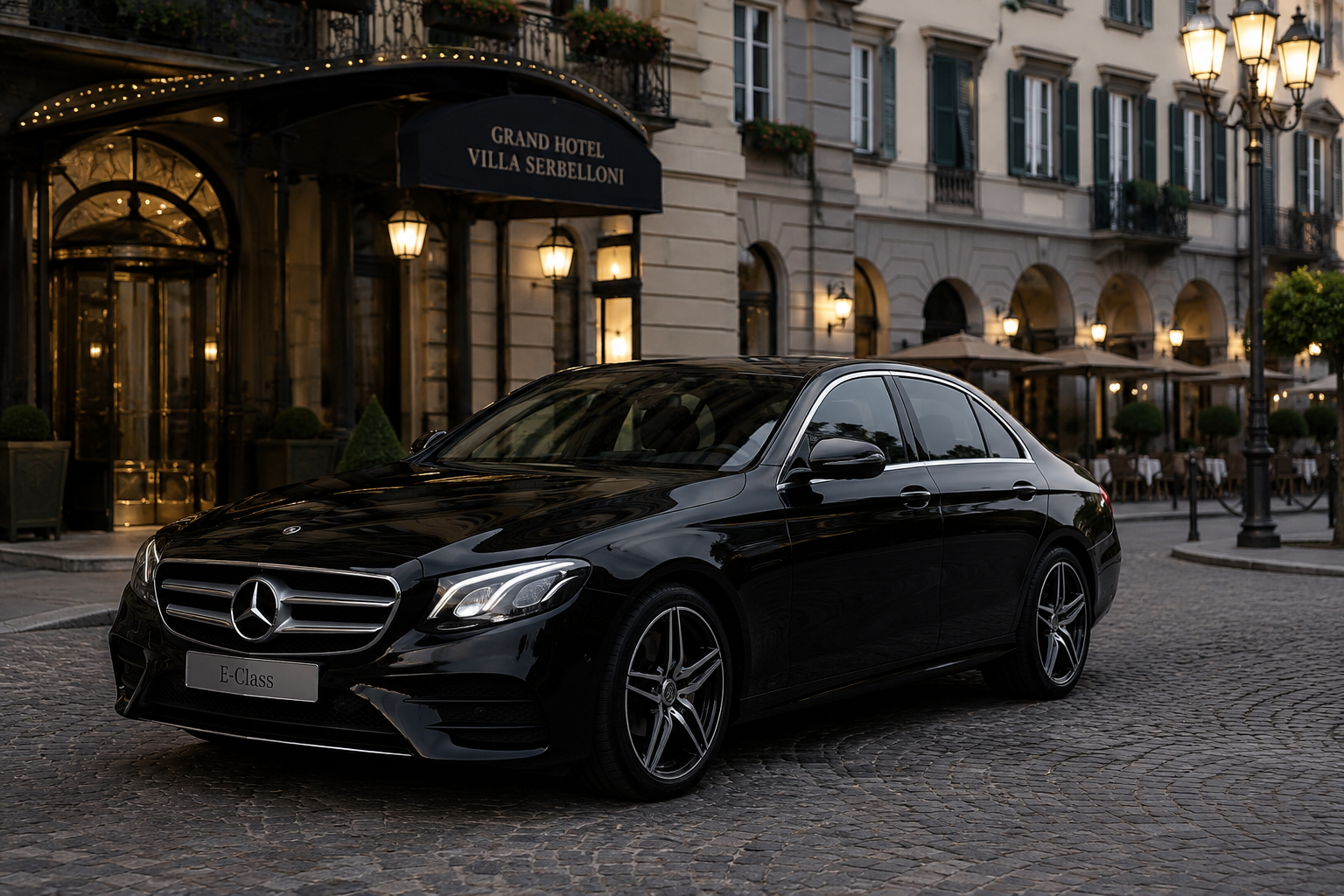 Luxury Mercedes sedan, private airport transfer service in Milan