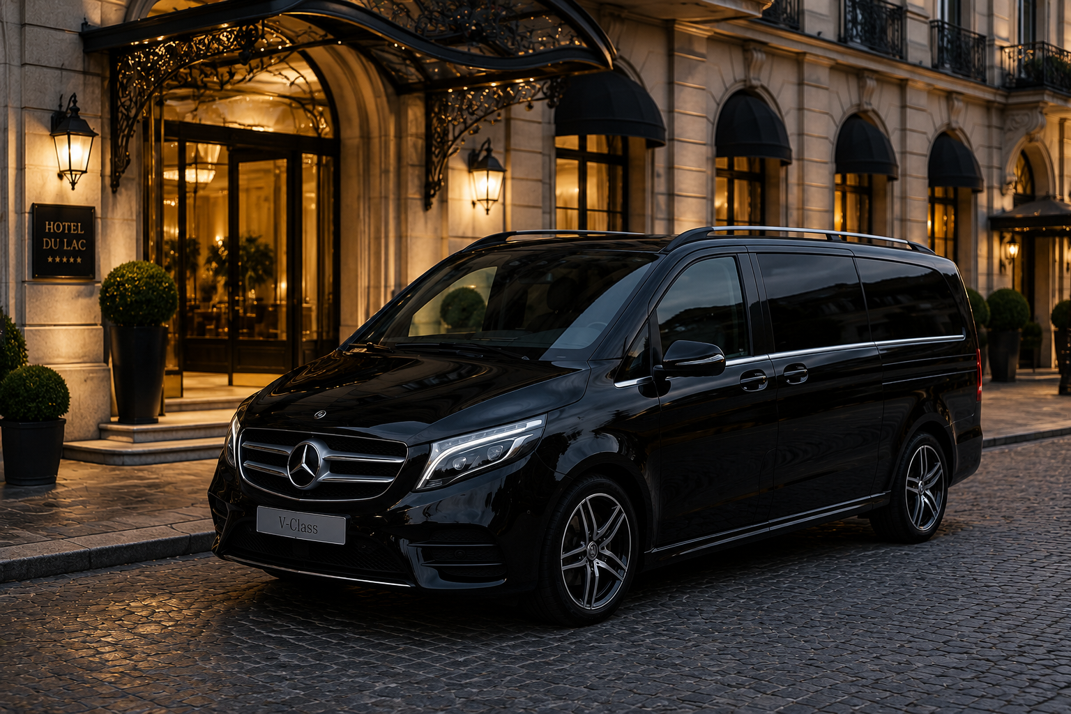 Black Mercedes V-Class van parked in front of a luxury hotel, premium group transfer service Milan