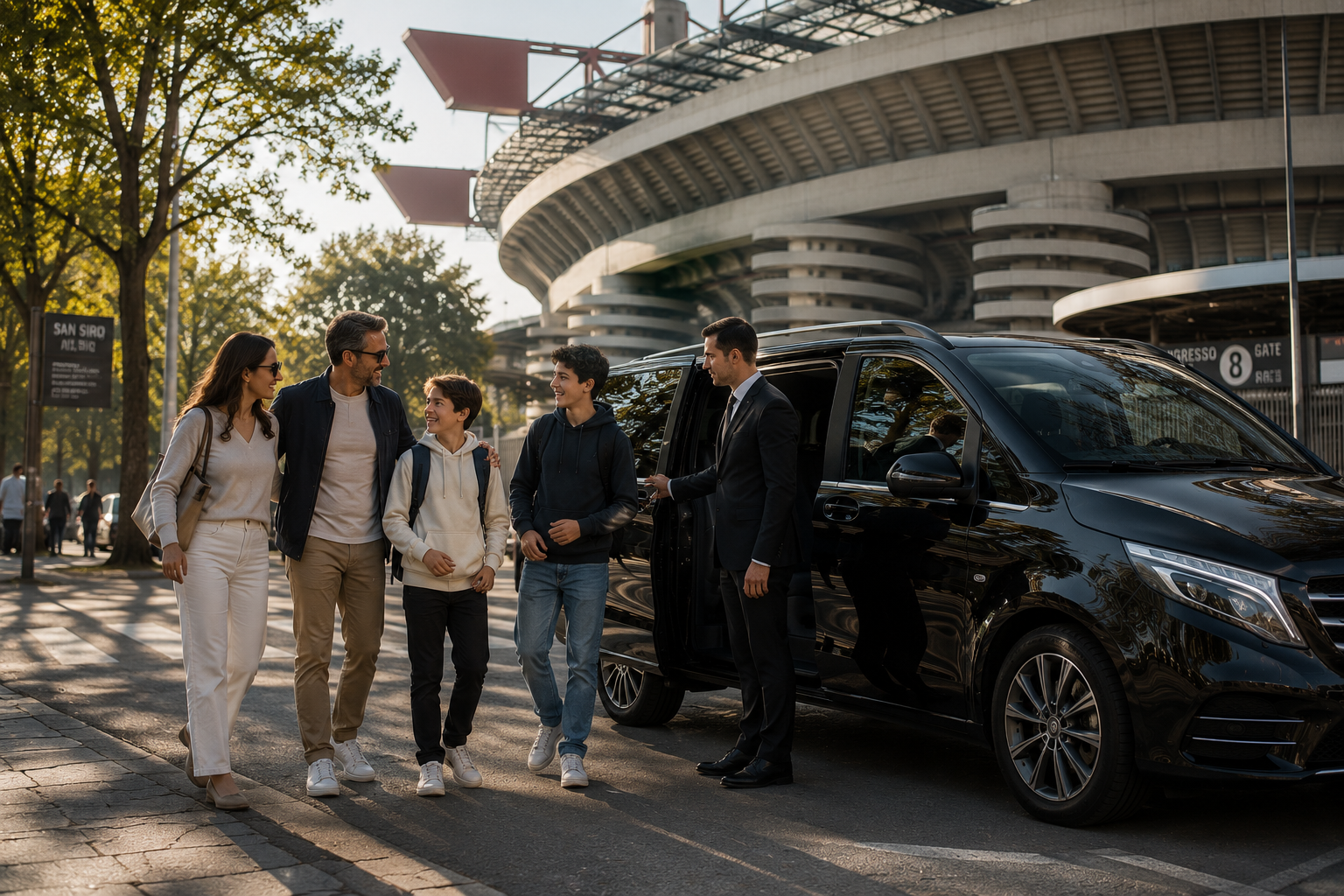 Private chauffeur service in Milan with family near San Siro stadium, luxury van transfer for tourism