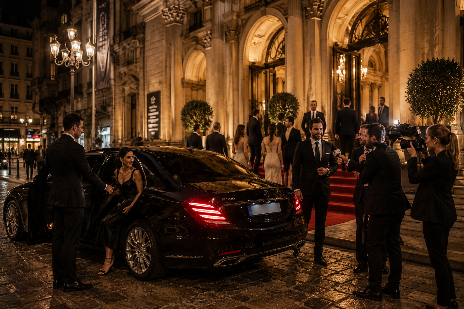 VIP chauffeur service in Milan with luxury vehicle and professional driver assisting clients at high-end evening event