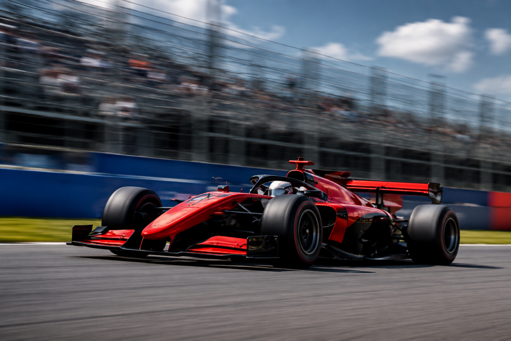Formula racing car in motion on a professional racetrack during an international motorsport event in Italy.